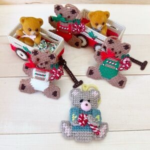 Mary Maxim Teddy Bear Needlepoint & Miniature Wagons Christmas Ornaments